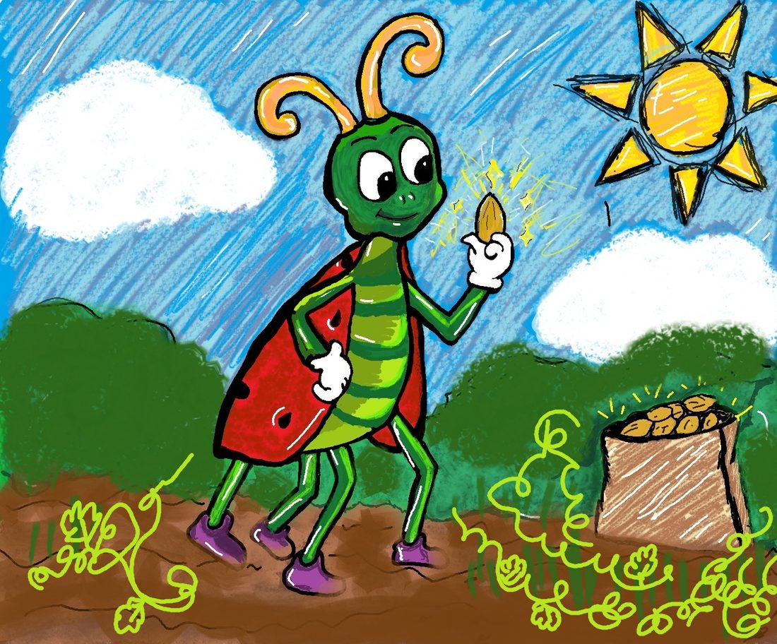 Wally the Lucky Bug, a green cricket with red watermelon wings, holding a seed under a bright sun
